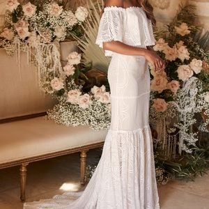 Lulu’s white lace off the shoulder dress with train